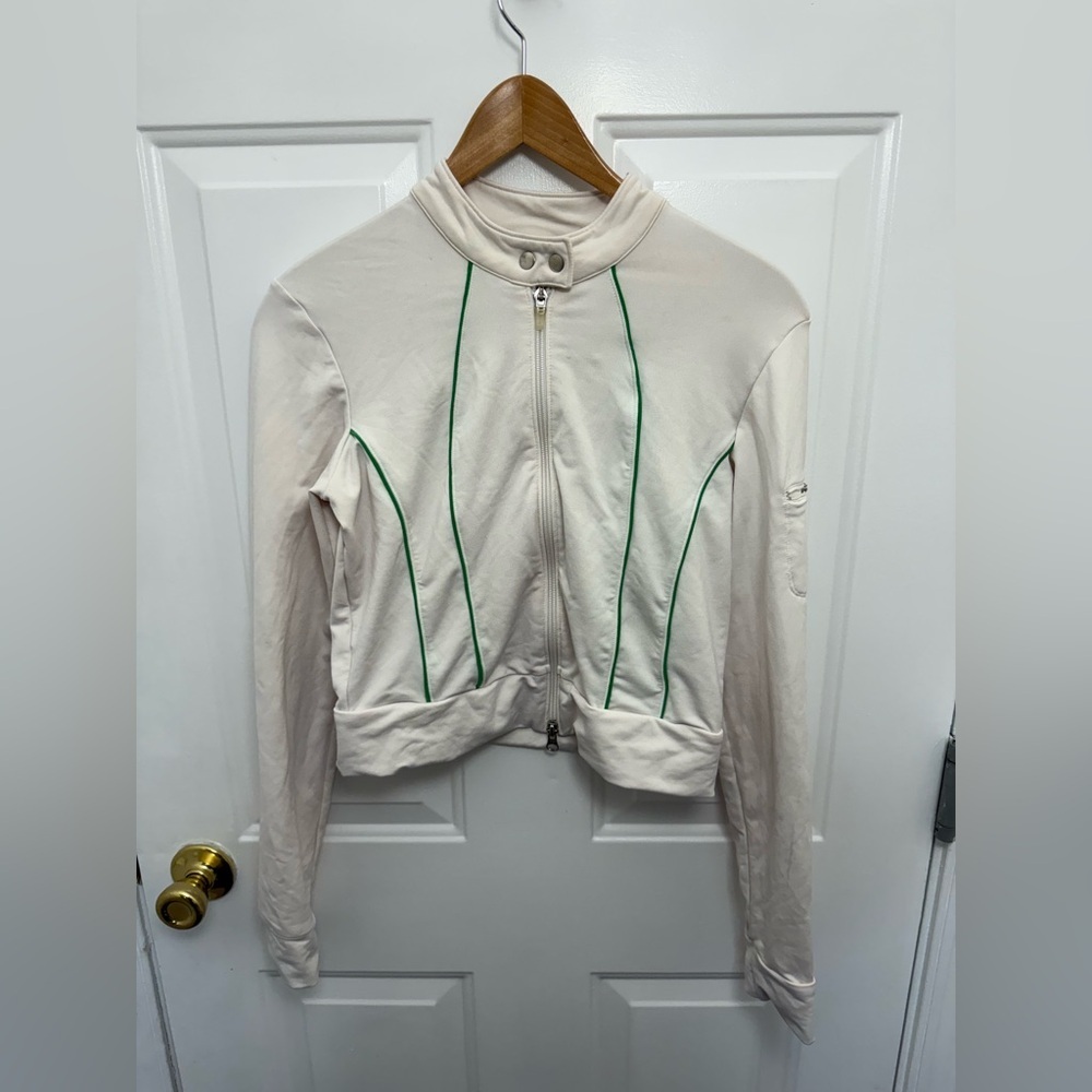 Women’s Nike White Cropped Moto Jacket Green Roses M Athleisure Streetwear